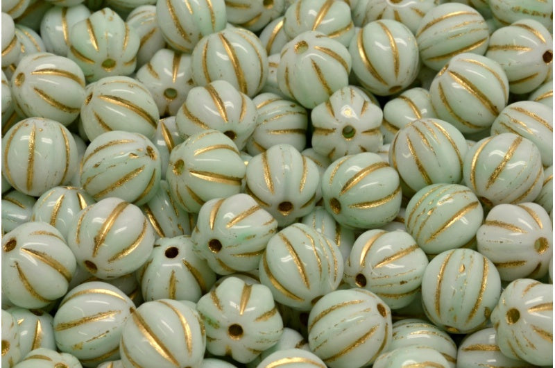 メロンビーズ、ライトグリーン、ゴールドライン(07524-54302)、ガラス、チェコ共和国
