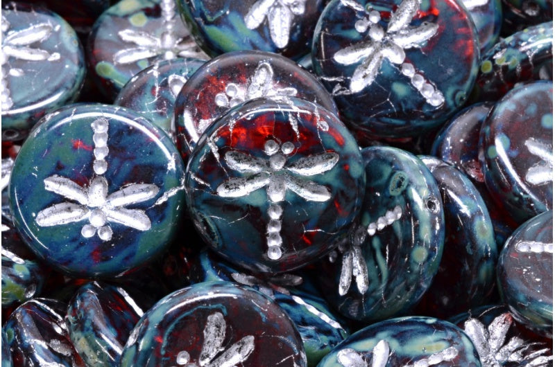 OUTLET 10 克 蜻蜓圆形扁珠,17 x 17 毫米,透明红色石灰华银衬里 (90060-86800-54301),玻璃,捷克共和国