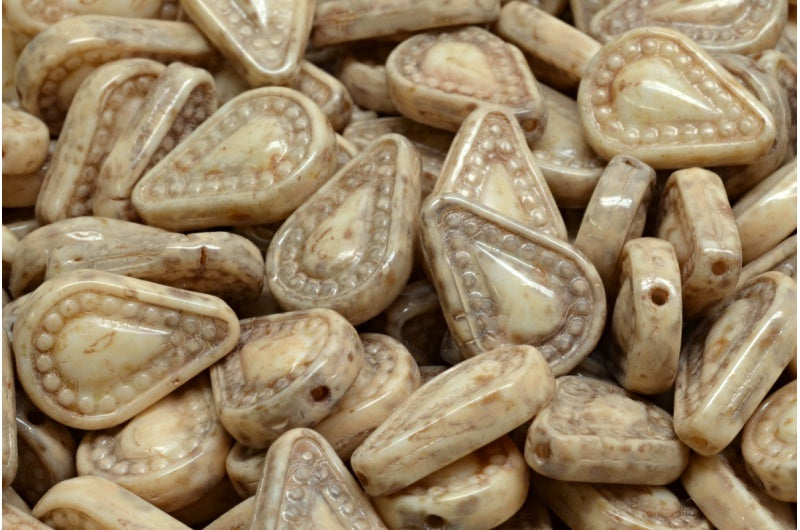OUTLET 10 grams Filigree Teardrop Beads, 14 x 10 mm, White Travertin Beige Travertin Spotted (02010-86800-33301), Glass, Czech Republic