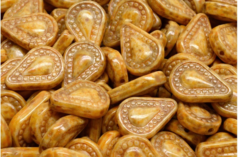 フィリグリーティアドロップビーズ、ホワイトトラバーチンオレンジスポット(02010-86800-33302)、ガラス、チェコ共和国