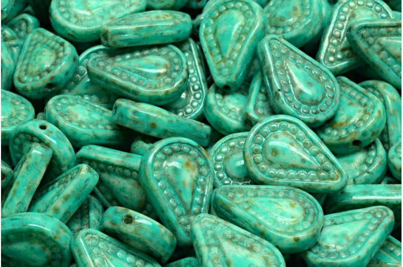 フィリグリーティアドロップビーズ、ホワイトトラバーチンターコイズスポット(02010-86800-33310)、ガラス、チェコ共和国