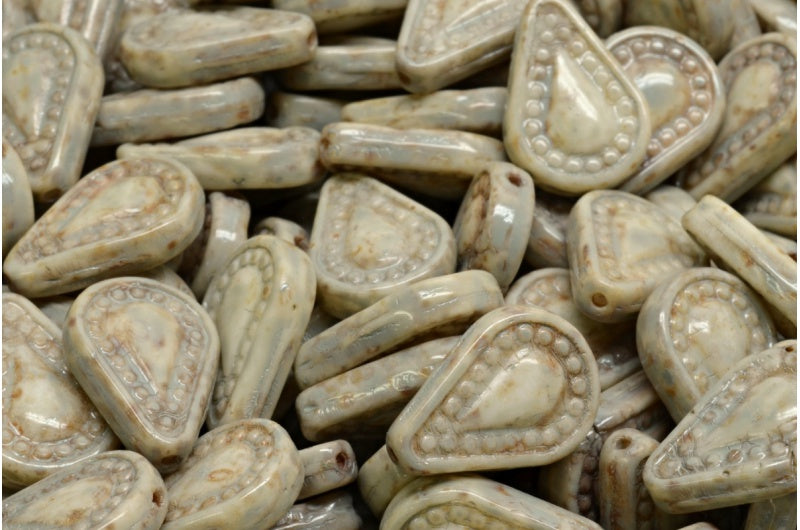 Filigree Teardrop Beads, White Travertin Beige Spotted (02010-86800-33312), Glass, Czech Republic