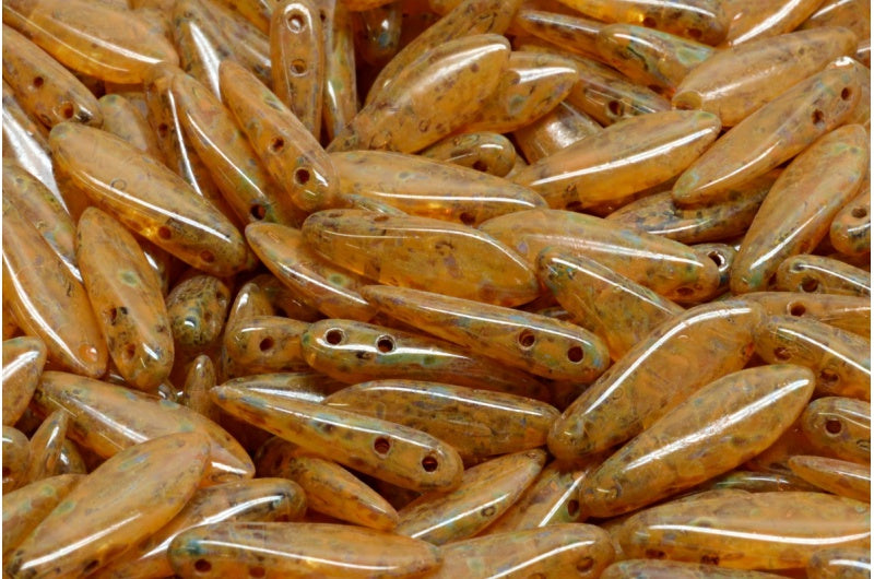 2-Hole Dagger Beads, Crystal Travertin Orange Spotted (00030-86800-33302), Glass, Czech Republic