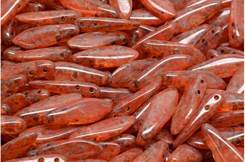 2穴ダガービーズ、クリスタルトラバーチンベージュオレンジスポット(00030-86800-33307)、ガラス、チェコ共和国