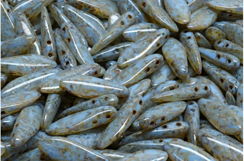 2穴ダガービーズ、クリスタルトラバーチンブルースポット(00030-86800-33308)、ガラス、チェコ共和国