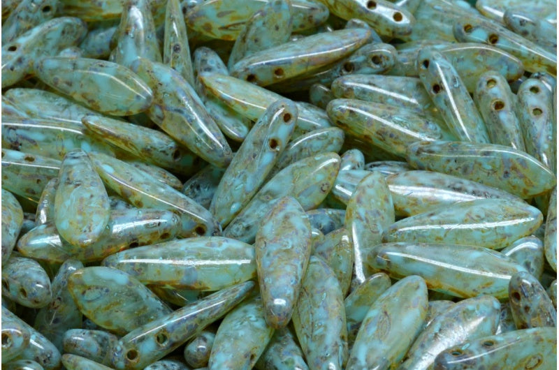 2穴ダガービーズ、クリスタルトラバーチンターコイズスポット(00030-86800-33309)、ガラス、チェコ共和国