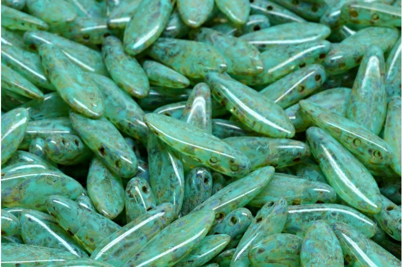 2穴ダガービーズ、クリスタルトラバーチンターコイズスポット(00030-86800-33310)、ガラス、チェコ共和国