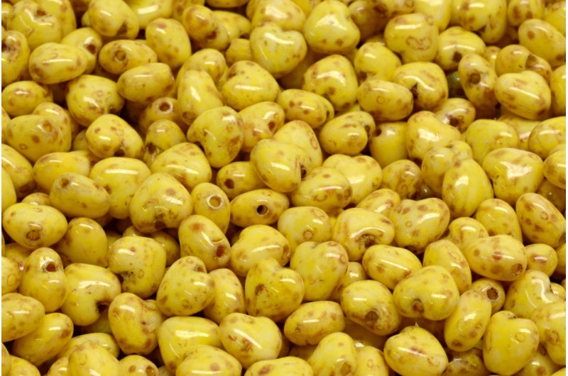 ハートビーズ、ホワイトトラバーチンベージュイエロースポット(02010-86800-33303)、ガラス、チェコ共和国