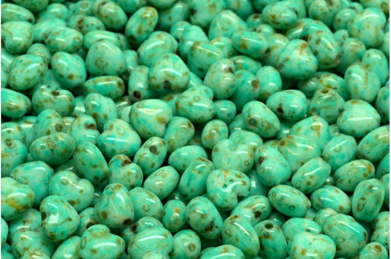 ハートビーズ、ホワイトトラバーチンターコイズスポット(02010-86800-33310)、ガラス、チェコ共和国