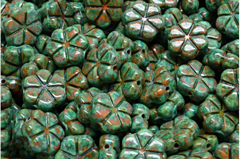 ガーランドフラワービーズ、不透明イエロートラバーチンライトターコイズ(93120-86800-34309)、ガラス、チェコ共和国