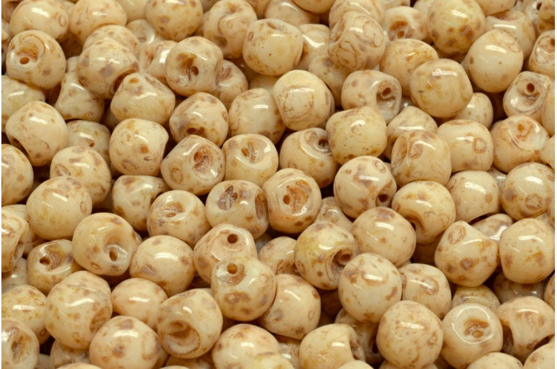 マッシュルームボタンビーズ、ホワイトトラバーチン、ベージュトラバーチン、スポット(02010-86800-33301)、ガラス、チェコ共和国