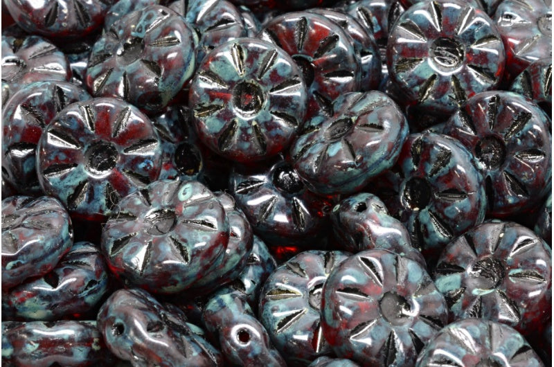 ひまわりビーズ、透明レッドトラバーチン、ブラックライニング(90060-86800-54313)、ガラス、チェコ共和国