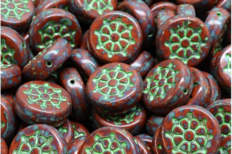 平らな丸型、船の舵輪付き、不透明ブラウントラバーチングリーン(13600-86800-43813)、ガラス、チェコ共和国