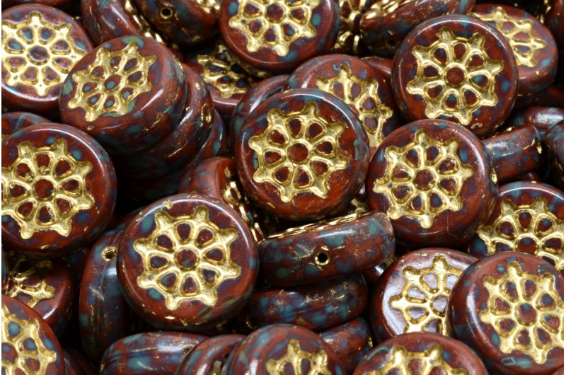 平らな丸型、船の舵輪付き、不透明ブラウントラバーチン、金張り(13600-86800-54302)、ガラス、チェコ共和国