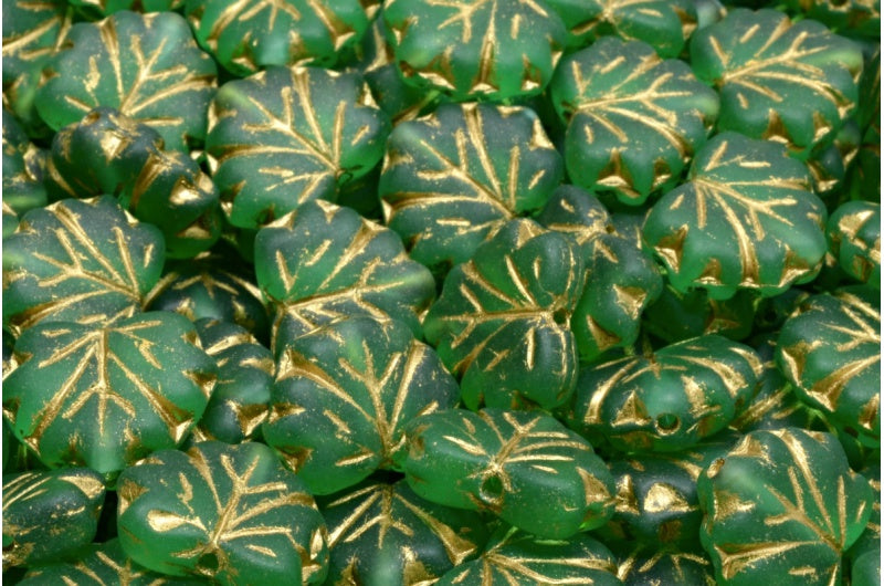 OUTLET 10 grams Maple Leaf Beads, 13 x 11 mm, Transparent Green Matte Gold Lined (50420-84100-54302), Glass, Czech Republic