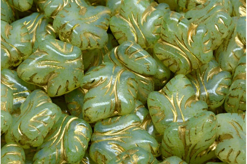 グレープリーフビーズ、オパールホワイトゴールドラインライトグリーン(01000-54302-34310)、ガラス、チェコ共和国