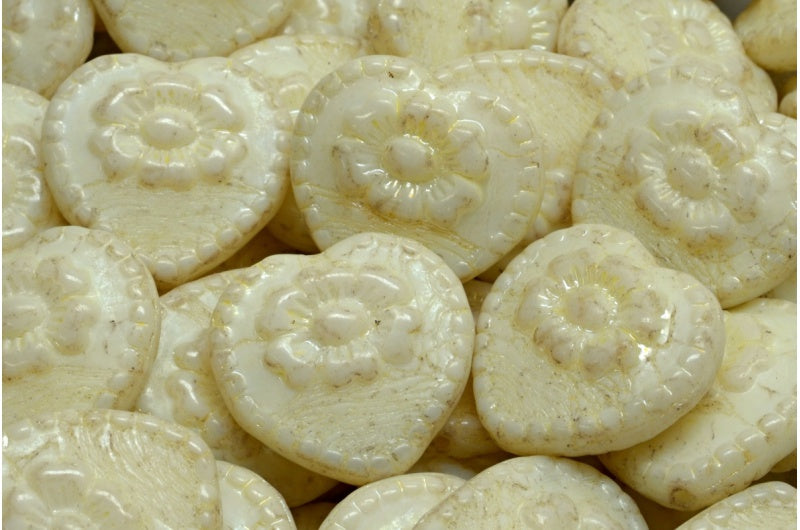 バラ付きハートビーズ、ホワイトラスターイエローフルコーティング(02010-14483)、ガラス、チェコ共和国