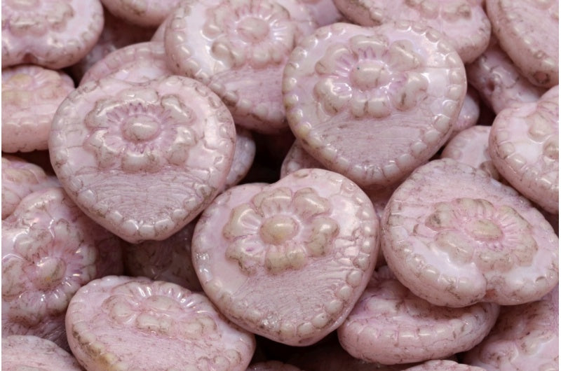 バラ付きハートビーズ、ホワイトラスターリラ(02010-14494)、ガラス、チェコ共和国