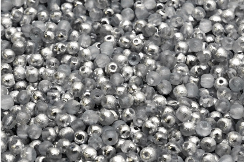 Round Druck Beads, Crystal Etched Crystal Silver Half Coating (00030-etch-27001), Glass, Czech Republic