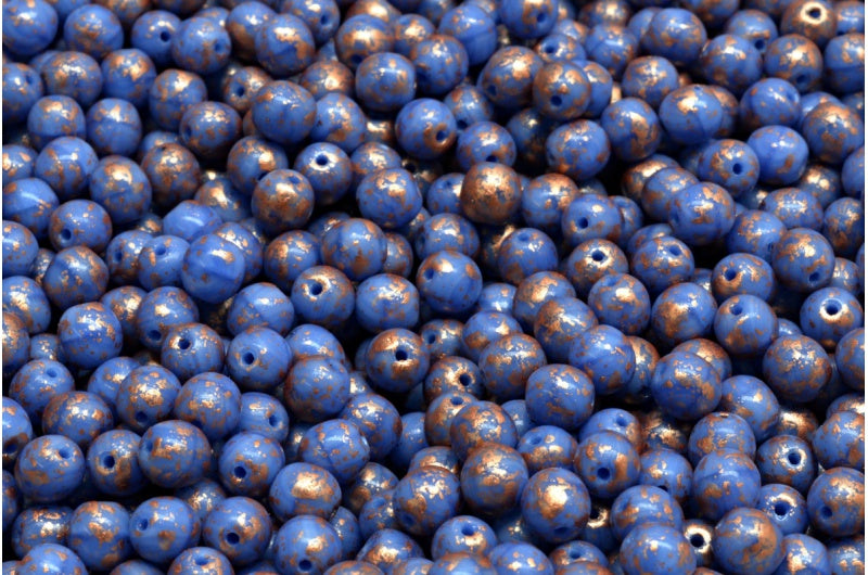 Round Druck Beads, Opaque Blue Copper Splash (33100-94402), Glass, Czech Republic
