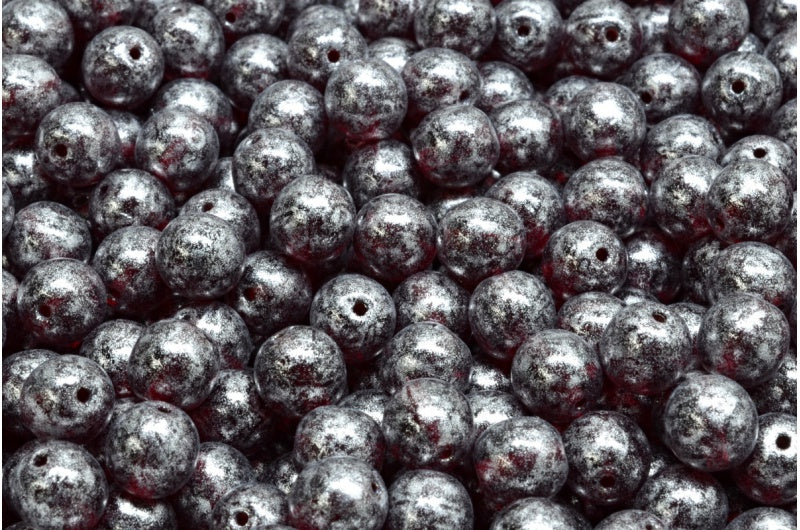 Round Druck Beads, Transparent Red Silver Gray (90110-34301), Glass, Czech Republic