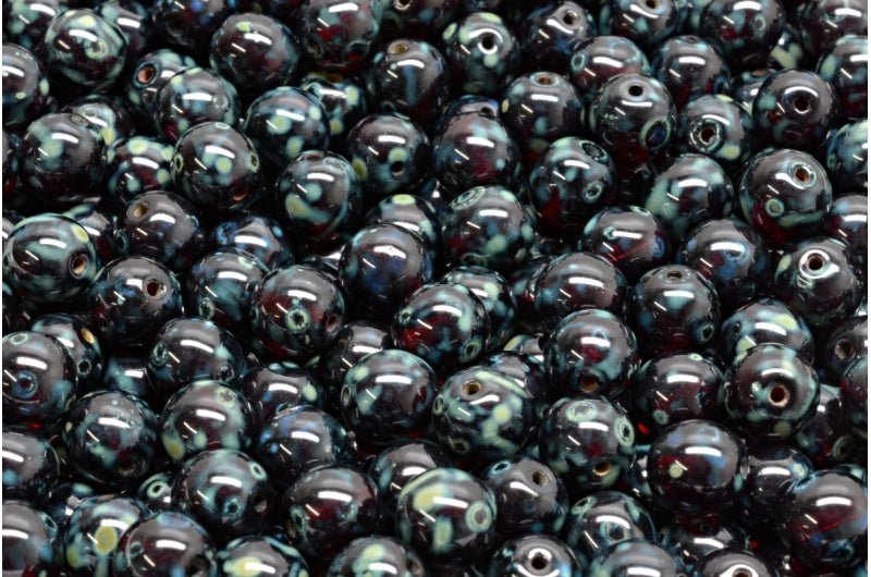 ラウンド Druck ビーズ、透明な赤いトラバーチン (90110-86800)、ガラス、チェコ共和国