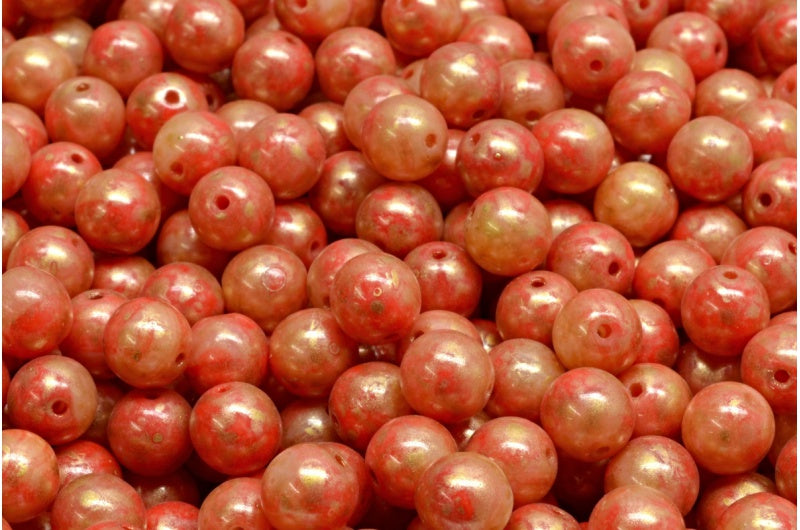 Round Druck Beads, Green Purple Gold Splash (95000-86720), Glass, Czech Republic