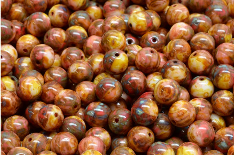 Round Druck Beads, Green Purple Travertin (95000-86800), Glass, Czech Republic