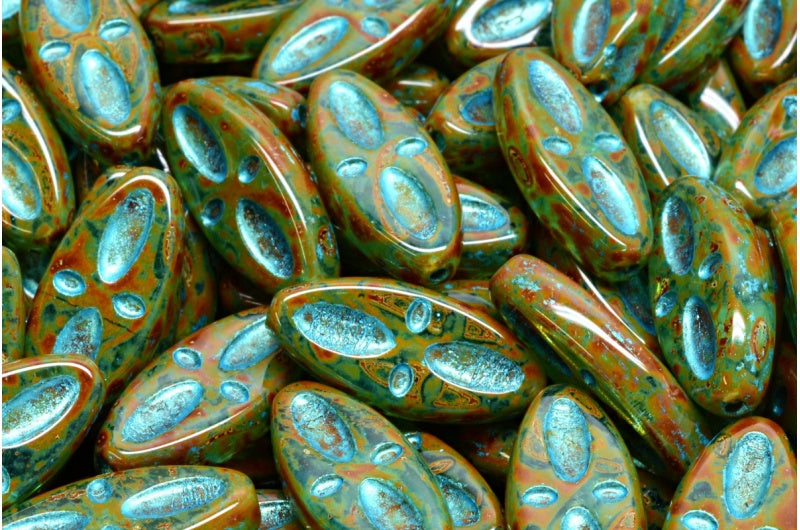 OUTLET 10 grams Ship Eye Oval Beads, 20 x 9 mm, Aqua Travertin Light Blue Lined (60030-86800-43811), Glass, Czech Republic
