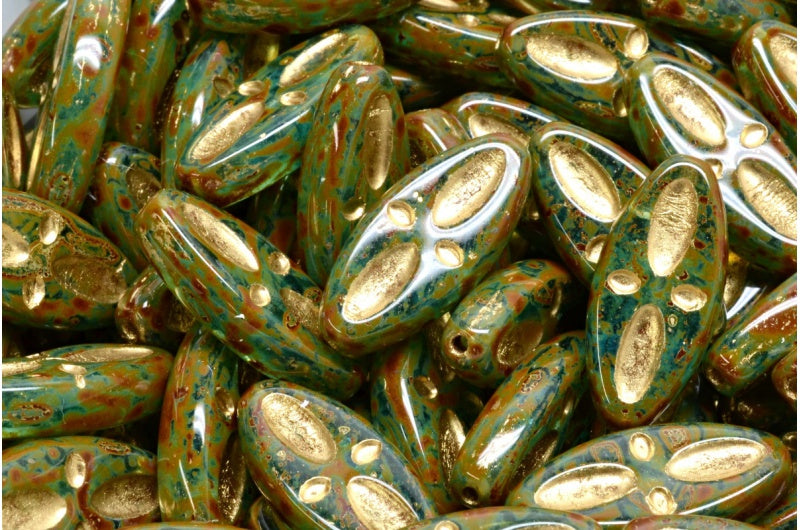 Ship Eye Oval Beads, Aqua Travertin Gold Lined (60030-86800-54302), Glass, Czech Republic
