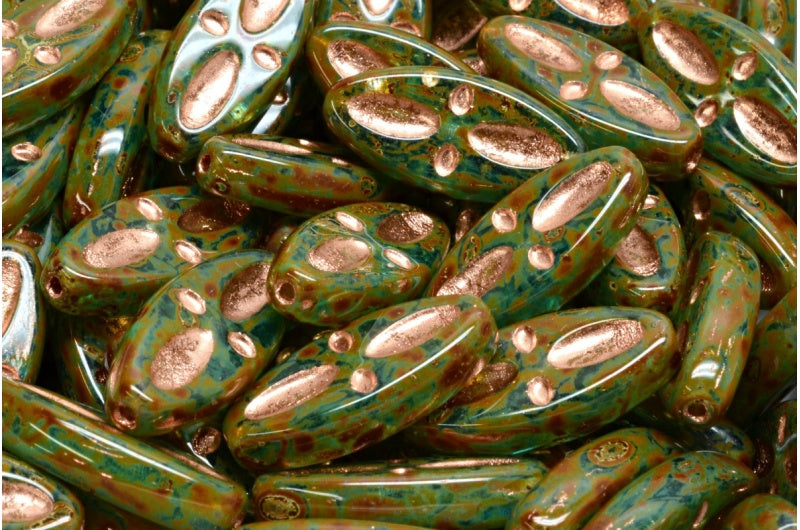Ship Eye Oval Beads, Aqua Travertin Copper Lined (60030-86800-54307), Glass, Czech Republic