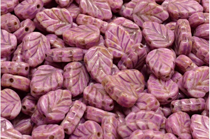 OUTLET 10 grams Mint Leaf Beads, 10 x 8 mm, White Travertin Pink Spotted (02010-86800-33306), Glass, Czech Republic