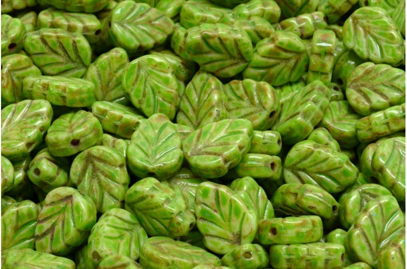 Mint Leaf Beads, White Travertin Green Spotted (02010-86800-33311), Glass, Czech Republic