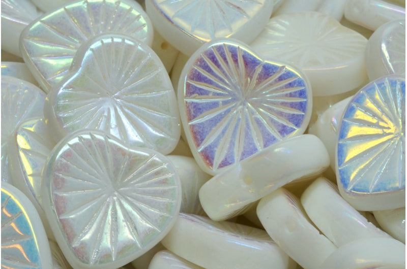 Kiwi Heart Beads, White Ab Full (2X Side) (02010-28703), Glass, Czech Republic