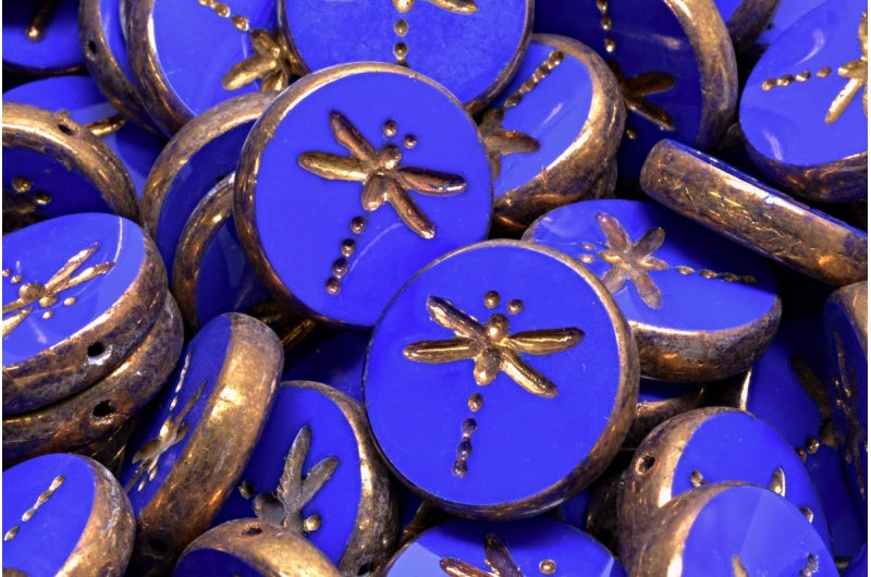 Table Cut Dragonfly Beads, Rich Blue Brass (33060-90215), Glass, Czech Republic