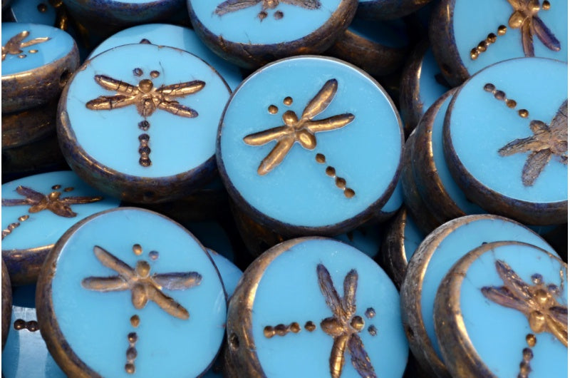 Table Cut Dragonfly Beads, Turquoise Blue Brass (63030-90215), Glass, Czech Republic