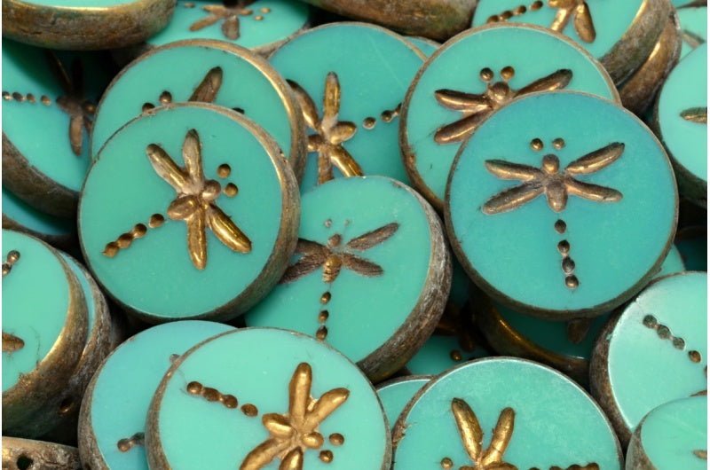 Table Cut Dragonfly Beads, Turquoise Brass (63130-90215), Glass, Czech Republic