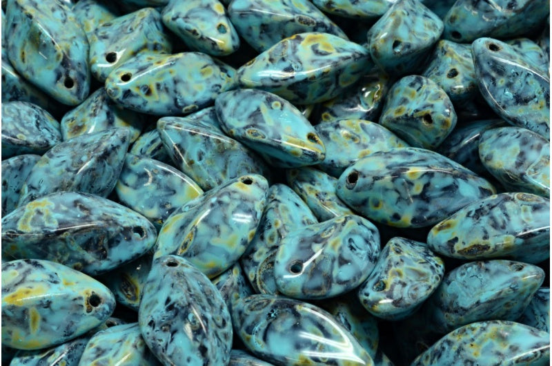 ツイストビーズ、ブラックトラバーチンターコイズスポット(23980-86800-33309)、ガラス、チェコ共和国