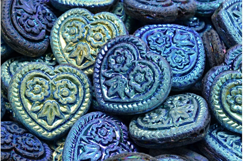 奥特莱斯 10克心形民间传说花卉珠子,17 x 17毫米,黑色Ab Full(2X Side)(23980-28703),玻璃,捷克共和国