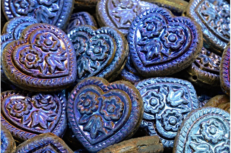 Heart with Folklore Flowers Beads, Black Azuro Blue (23980-29903), Glass, Czech Republic