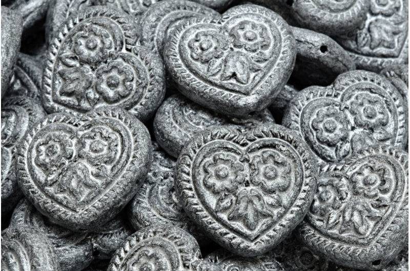 OUTLET 10 grams Heart With Folklore Flowers Beads, 17 x 17 mm, Black Silver Gray (23980-34301), Glass, Czech Republic