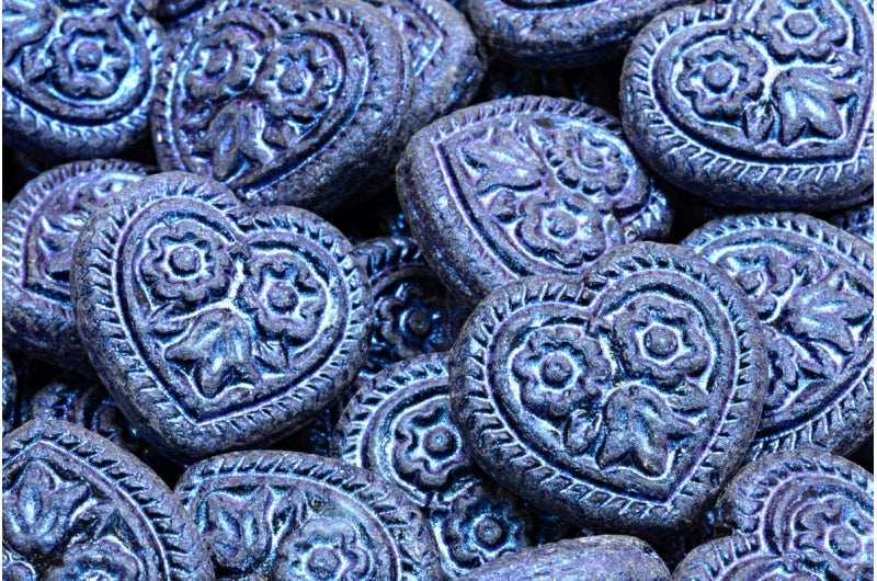 Heart with Folklore Flowers Beads, Black Blue Iridiscent (23980-86966), Glass, Czech Republic