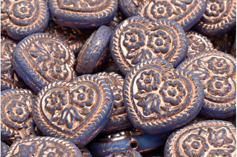 アウトレット 10グラム ハートとフォークロアフラワービーズ、17 x 17 mm、オパールブルー銅裏地(31010-54307)、ガラス、チェコ共和国