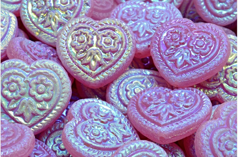 アウトレット 10グラム ハートとフォークロアフラワービーズ、17 x 17 mm、オパールピンクアブフル(2Xサイド)(71010-28703)、ガラス、チェコ共和国