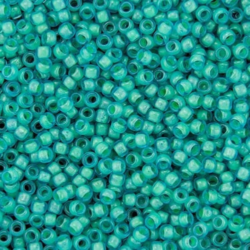 TOHO Round Glass Seed Beads, Inside Col.Frosted Aqua/Lt.jonq Lined (#954F), Glass, Japan