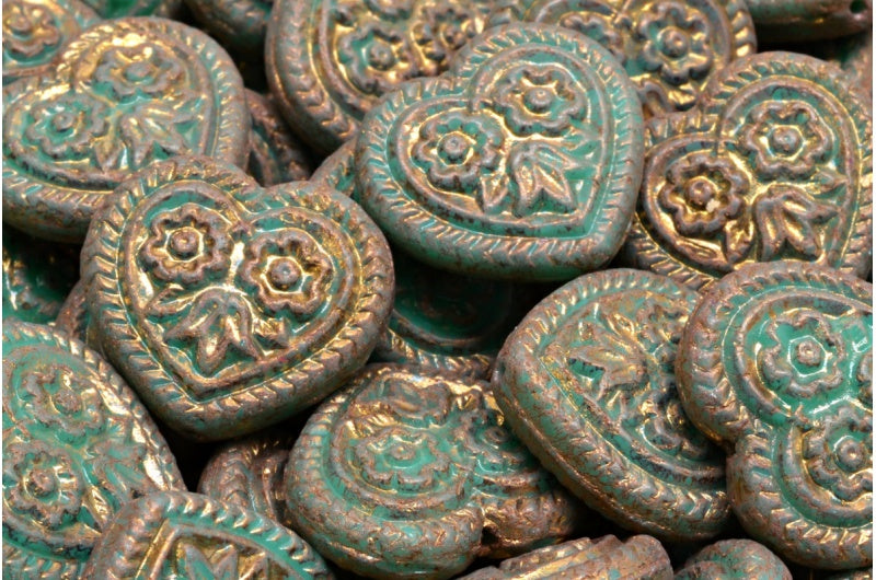 奥特莱斯 10克心形民间传说花朵珠,17 x 17毫米,绿松石紫陶土色 (63130-15496),玻璃,捷克共和国