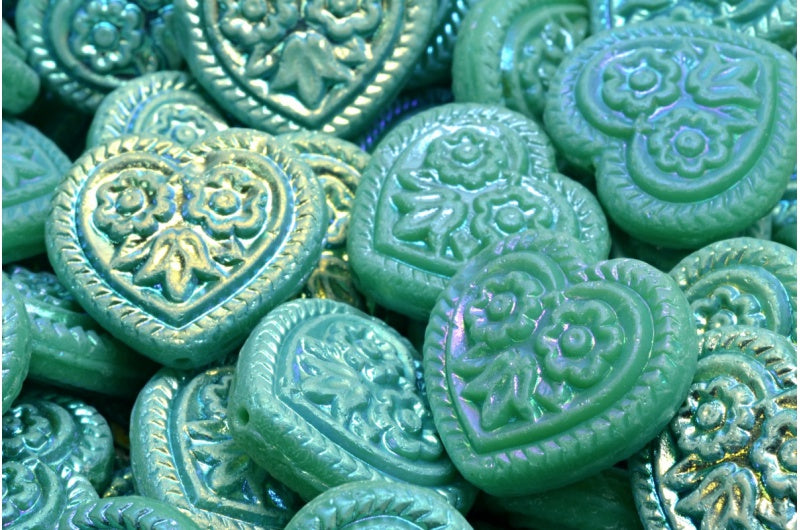 アウトレット 10グラム ハートとフォークロアフラワービーズ、17 x 17 mm、ターコイズアブフル(2Xサイド)(63130-28703)、ガラス、チェコ共和国