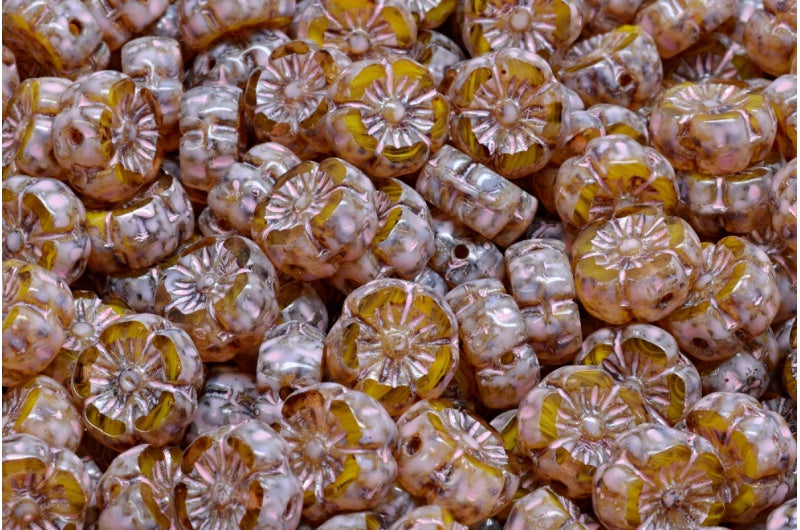 Table Cut Hawaii Flower Beads, Yellow Travertin Warm Purple Spotted (R0812-86800-33304), Glass, Czech Republic