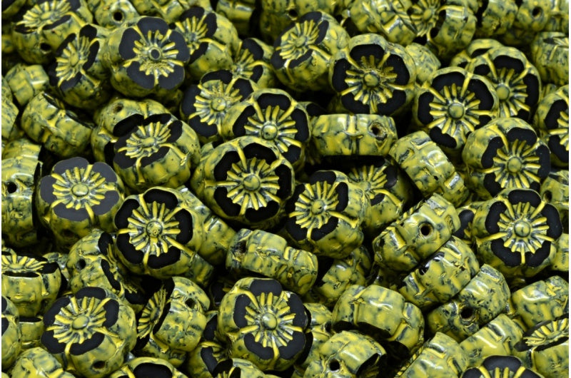 夏威夷花桌切珠,黑色米黄色斑点 (23980-33303),玻璃,捷克共和国