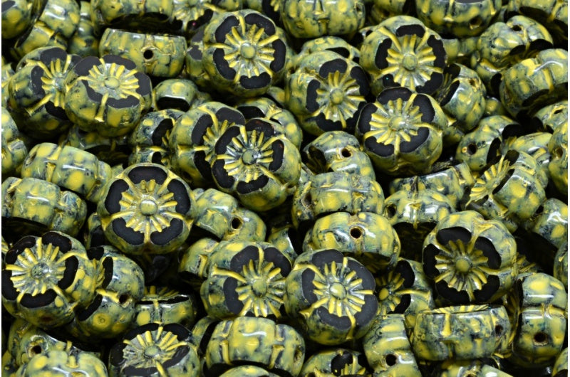 桌切夏威夷花珠,黑色石灰华米色黄色斑点 (23980-86800-33303),玻璃,捷克共和国